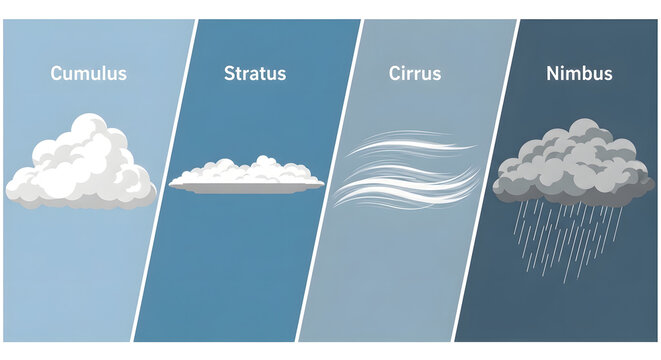 An illustrative visual guide categorizing diverse cloud formations, showcasing their distinct appearances and atmospheric characteristics, from fluffy cumulus to rain-bearing nimbus types