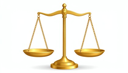 Golden balance justice law symbol, elegant golden scales representing fairness, equality, legal decisions, and honesty on a clean white background.