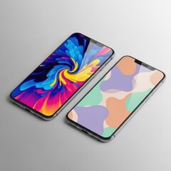 Two smartphones displaying vibrant, colorful wallpapers on their screens.