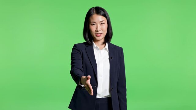 Young Asian Woman In A Business Suit Offers A Handshake With A Friendly Smile Against A Vibrant Green Background Studio Shot