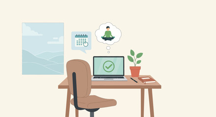 Fototapeta premium Desk with laptop showing checkmark, calendar, plant, and meditation thought bubble