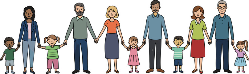 Obraz premium Diverse family members holding hands in a line, showcasing unity and togetherness in a simple illustration