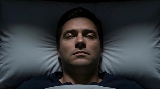 A Troubled Man Lying Awake in Bed at Night Under Dramatic Lighting Contemplating Life's Worries and Uncertainties Deep in Thought with Eyes Looking Upward in a Dark Room Wrapped in White Sheets and a
