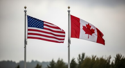 Naklejka premium Diplomatic Flags Fluttering Freely Symbolizing Bilateral Relations between the USA and Canada