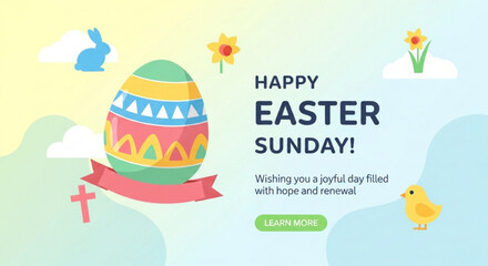 Fototapeta premium Happy Easter Sunday greeting card with decorated egg bunny chick and cross vector illustration for spring holiday celebration