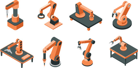Industrial robotic arms set illustration featuring automated manufacturing robots, mechanical manipulators and factory automation equipment collection