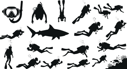 Set of scuba diver and underwater exploration silhouettes with diving equipment, swimming poses, shark and coral reef elements on white background, marine adventure vector illustration collection © Monteza