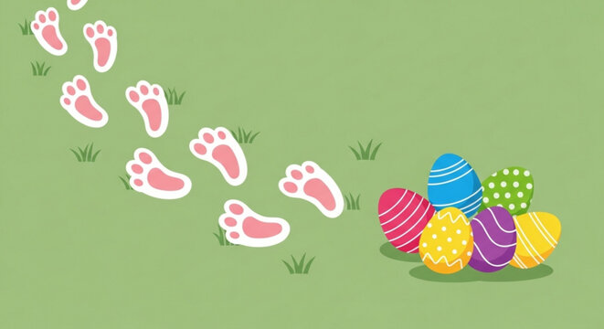 Easter bunny footprints leading to colorful decorated eggs on green grass festive spring holiday illustration for celebration and design