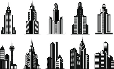 Silhouette illustration set of modern skyscrapers and city buildings, urban skyline icons, architecture design elements, business downtown concept isolated on white background
