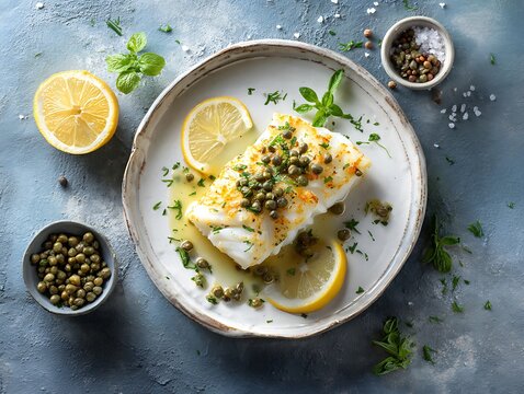 Gourmet baked cod fish fillet with lemon, capers, and herbs, served on a ceramic plate, overhead flat lay, culinary photography, rustic style, Mediterranean cuisine, healthy eating, food blo