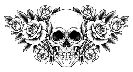Fototapeta premium Detailed Skull With Roses Tattoo Illustration