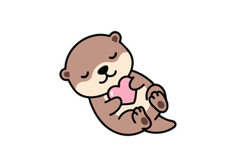 Obraz premium Sweet otter hugging heart symbol. Cute flat vector cartoon animal for love, valentine, emotional care, kids design, stickers, greeting cards, and social media content.