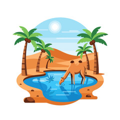 Camel drinks water from desert oasis surrounded by palm trees and sand dunes