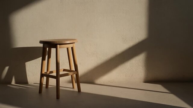 Simple wooden stool in a minimalist beige room with natural light and shadows.