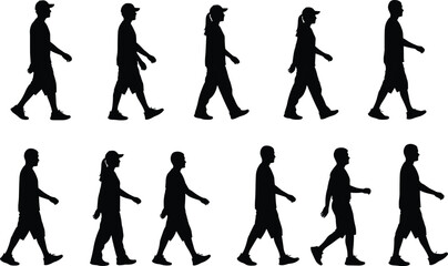 Obraz premium Walking people silhouette sequence with male and female figures, black isolated side view walk cycle poses for animation, motion design, and pedestrian movement concepts