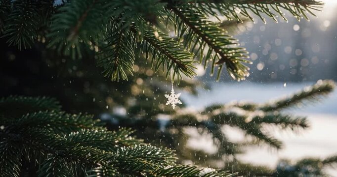 Close up of evergreen tree branches with snowflake ornament in sunlight