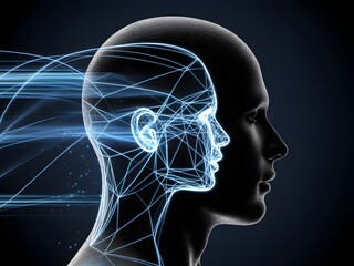 Fototapeta premium Digital Human Head with Neural Network Lines and Brain Visualization, Artificial Intelligence Thinking Process, Data Transmission, Cognitive Computing Technology and Futuristic Mind Interface