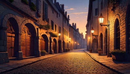 Fototapeta premium Enchanting European street at dusk with warm lighting.
