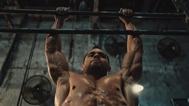 Muscular Man Doing Pull ups in a Gym