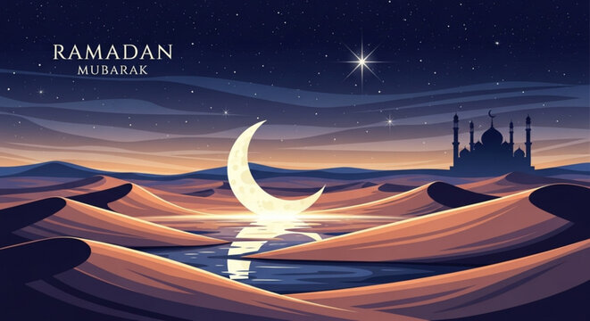 Ramadan mubarak desert landscape with crescent moon and mosque at sunset stars in night sky sand dunes and pool of water