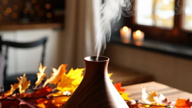 Warm aroma diffuser steam with autumn leaves on wooden table creating cozy daily life atmosphere