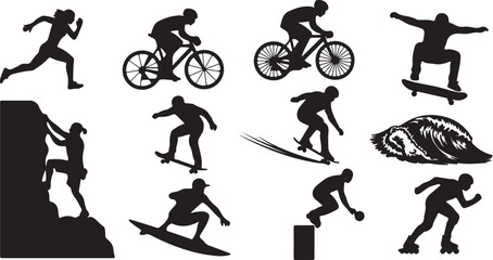 Naklejka premium Extreme Sports Silhouettes with Bicycle, Skateboard, Snowboard, and Climbing Actions Isolated on white background