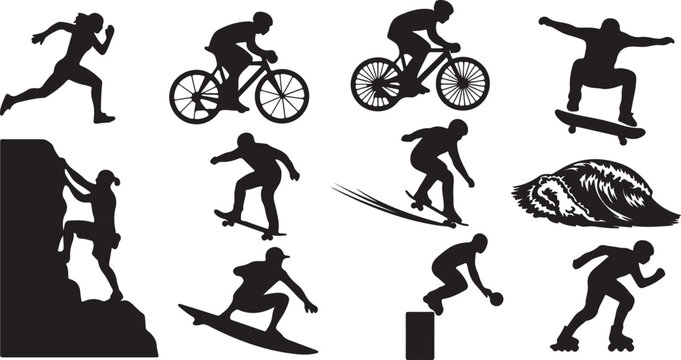 Extreme Sports Silhouettes with Bicycle, Skateboard, Snowboard, and Climbing Actions Isolated on white background
