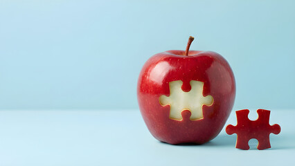 Obraz premium Minimalist realistic photo of a red apple puzzle representing health solutions and diet.