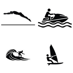 Black and white vector silhouette icon set of water sports including surfing, windsurfing and jet ski.