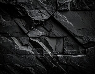 Close-up of dark grey, rough-hewn, angular stone tiles, forming a repeating, abstract pattern. Shadow and light play on textured surfaces