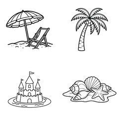 Summer beach vacation vector line icon set with palm tree, sandcastle, umbrella and seashells.