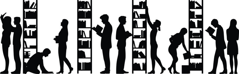 Library Silhouette Set with People Reading and Bookshelves Icons Isolated on White Background for Education Knowledge and Book Store Design © Ponkaj Creatives