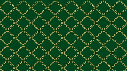 Fototapeta premium Delicate gold quatrefoil pattern overlaying a rich forest green textured background. Elegant, classic, repeating design.