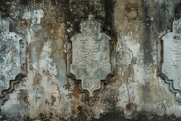 A weathered, cracked wall with peeling paint and intricate, faded ornamental patterns reveals layers of decay and age.