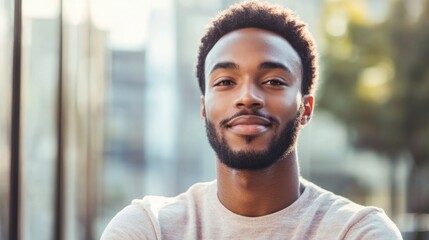 Fototapeta premium Young man in a casual shirt smiling while standing outside against blurred city backdrop