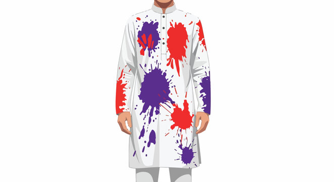 A person wearing a white smock with colorful purple and red paint splatters on a plain white background.