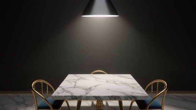 Luxurious marble dining table with gold chairs under spotlight.