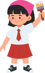 Adorable girl in school uniform painting, suitable for educational, children&rsquo;s, or creative content promotion.