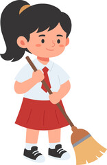 Adorable girl holding a broom, ideal for cleaning service promotions or children's activities.