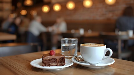 Fototapeta premium Cozy Cafe Interior with Cappuccino Coffee and Chocolate Cake on Wooden Table in Warm Ambient Lighting 