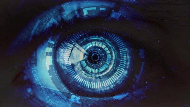 Animation of Digital robotic eye. Artificial intelligence scans information. High technologies in the future. The future of digital vision technologies, security and biometrics.