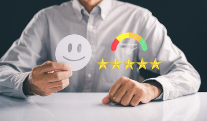Man holds smiling face indicating excellent customer satisfaction feedback positive reviews following a detailed survey, aiming to improve business reputation as part of comprehensive survey process