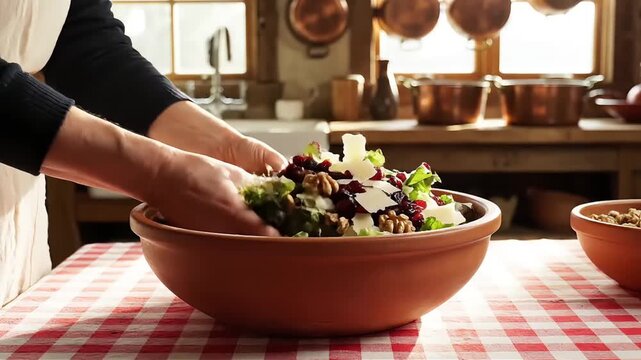Fresh and vibrant salad with cranberries walnuts and shaved parmesan being prepared in a rustic kitchen setting perfect for healthy eating concepts