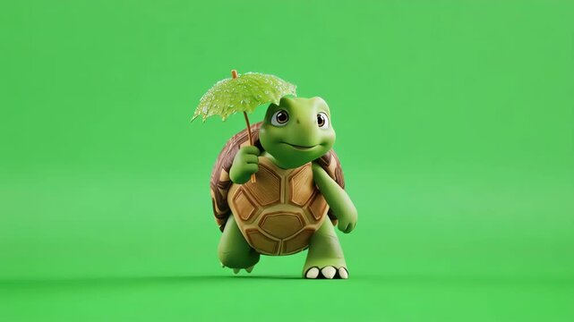 Cartoon Turtle with Umbrella on Green Background.