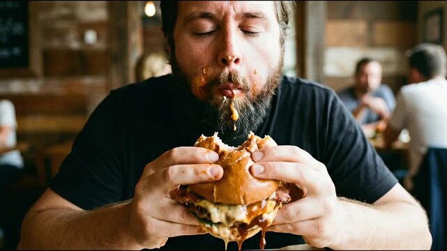Hungry mans pure satisfaction and indulgence while eating large, messy gourmet street food burger for lunch at restaurant