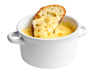 A slice of crusty bread is dipped into a white ceramic pot filled with rich melted cheese isolated on transparent png