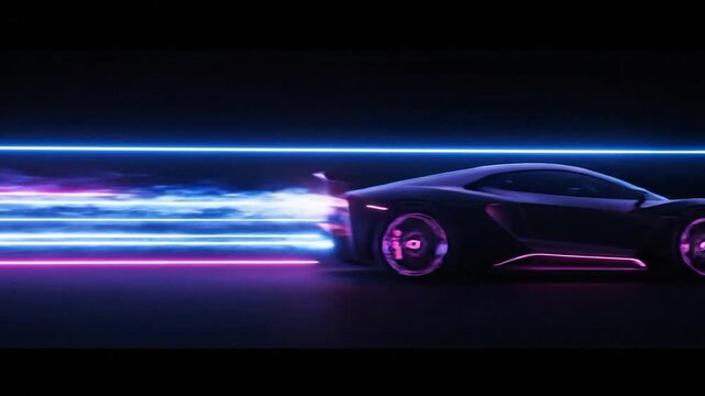 Futuristic, sleek sports car illuminated with neon purple lights, speeding, dark background