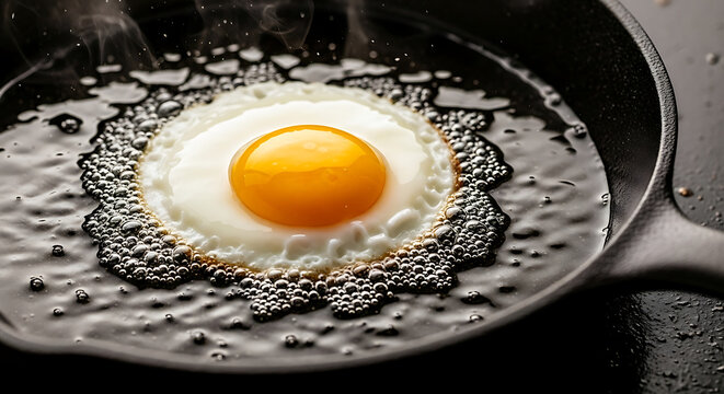 Sunny Side Up Egg Frying in Cast Iron Pan