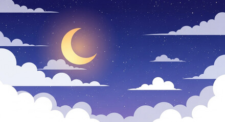 Night sky with crescent moon shining through white clouds at dusk serene peaceful atmosphere with stars
