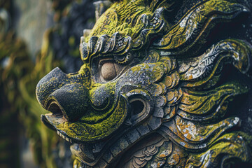 Naklejka premium Close-up of a moss-covered stone guardian lion statue with intricate carvings and weathered texture.
